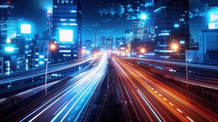 Fototapeta premium Dynamic cityscape at night showcasing vibrant lights and flowing traffic, highlighting urban energy and modern architecture.