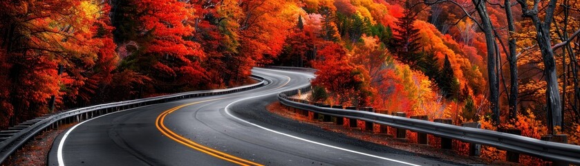 Naklejka premium Winding road through vibrant autumn foliage, showcasing the beauty of nature's colorful transformation during fall.