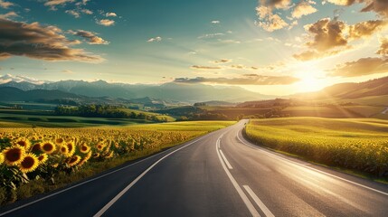 Naklejka premium A scenic road bathed in golden sunlight, surrounded by vibrant sunflowers and majestic mountains under a clear sky.