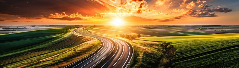 A scenic road winding through lush green fields under a vibrant sunset sky, perfect for travel and nature themes.