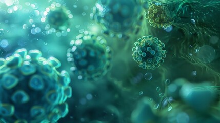 HPV virus 3D rendered blue and green illustration microscopic view. Science, biology, health concept background design