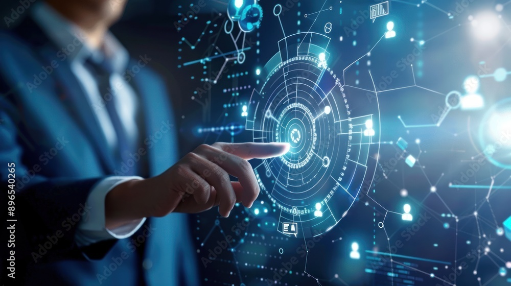 Poster person hand touching a futuristic digital virtual screen interface with a glowing circular pattern
