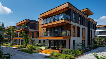 Fototapeta premium Modern apartment buildings, with a gray and white color scheme and black accents.
