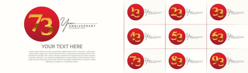 anniversary logotype set vector, red color circle and golden number for special day celebration