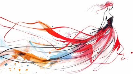 Elegant fashion sketch of a modern woman in a flowing dress, expressive lines and vibrant colors, capturing movement and grace, highly detailed background