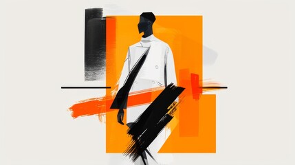 Elegant fashion sketch of a popular pose, featuring a model in a sleek, modern outfit with bold geometric shapes and a futuristic aesthetic