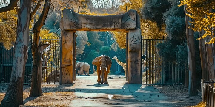 zoo entrance gate with animals roaming free
