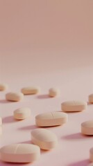 Close-up of beige tablets on a pastel pink surface, showcasing healthcare and medication themes.