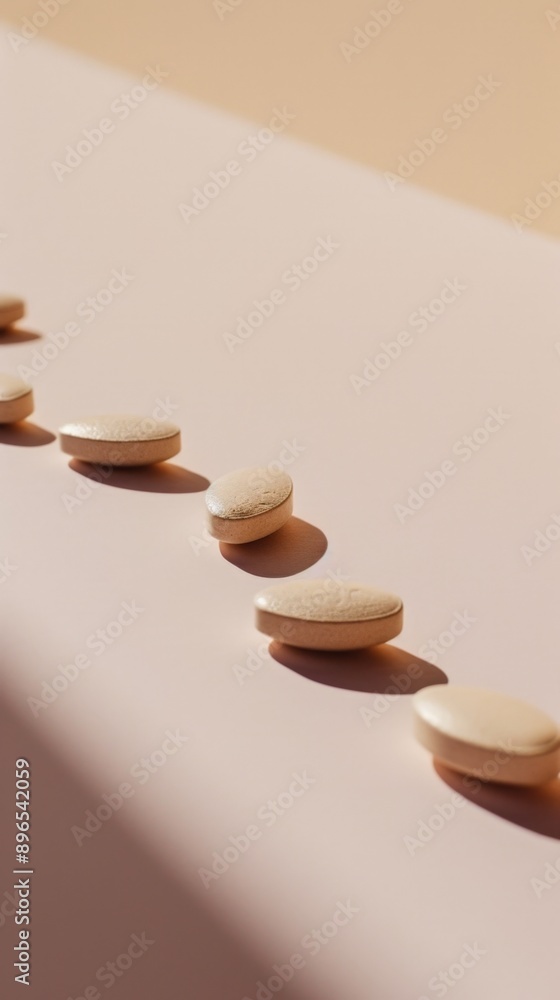 Poster close-up of round beige tablets aligned in a row on a light surface with a soft shadow, creating a m