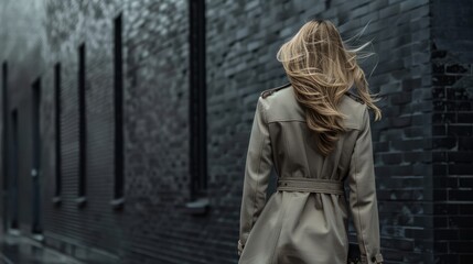 Woman walking in alleyway with windy weather