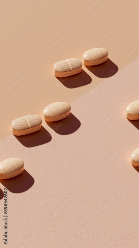 Poster several beige pills arranged in a pattern on a neutral background with shadows creating a minimalist