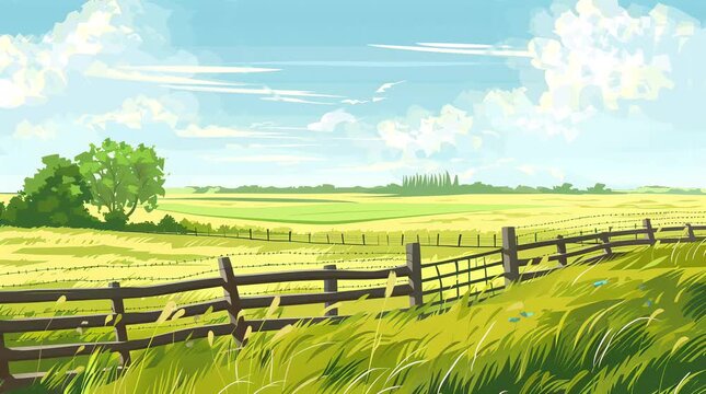 Scenic pathway bordered by a rustic wooden fence alongside expansive green farm grassland
  Seamless looping 4k time-lapse virtual video animation Generated AI