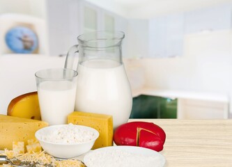 A fresh tasty dairy products milk and cheese