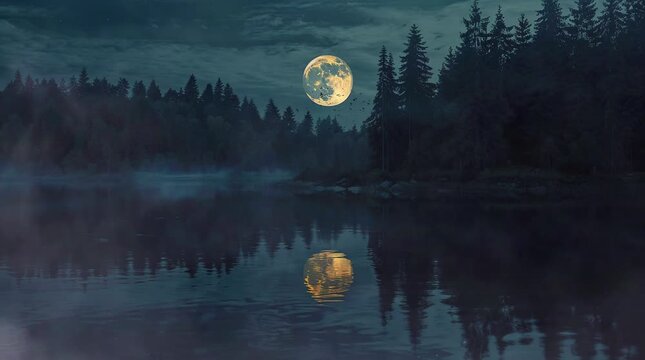 Magical fantasy lake surrounded by forest illuminated by a full moon on a serene night
  Seamless looping 4k time-lapse virtual video animation Generated AI