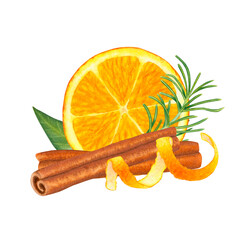 Slice of orange fruit with leaves, cinnamon spices and citrus peel, branch of rosemary or spruce, pine. Healthy organic ingredients for baking and drinks. Hand drawn watercolor illustration.