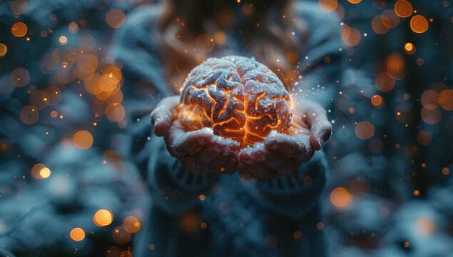 Person Holding Illuminated Brain Symbolizing Creative Thinking and Intelligence, Dark Background with Bokeh Lights, Magical Atmosphere
