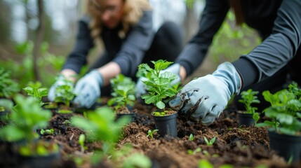 Fototapeta premium Photograph of two people planting trees in the ground, wearing gloves and holding tree seedlings.