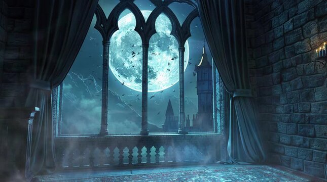 Luxurious fantasy castle room with a grand window revealing a full moon under a magical night sky
  Seamless looping 4k time-lapse virtual video animation Generated AI