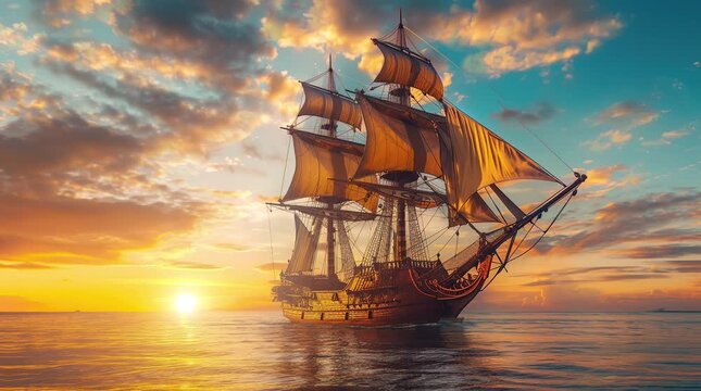Majestic galleon sailing on a tranquil ocean during a vibrant sunset evening
  Seamless looping 4k time-lapse virtual video animation Generated AI