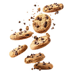 Flying pile cake crumbs chocolate chip cookies isolated on transparent white background, clipping path