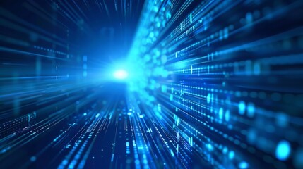 A dynamic display of blue light beams and data streams representing futuristic technology and speed.