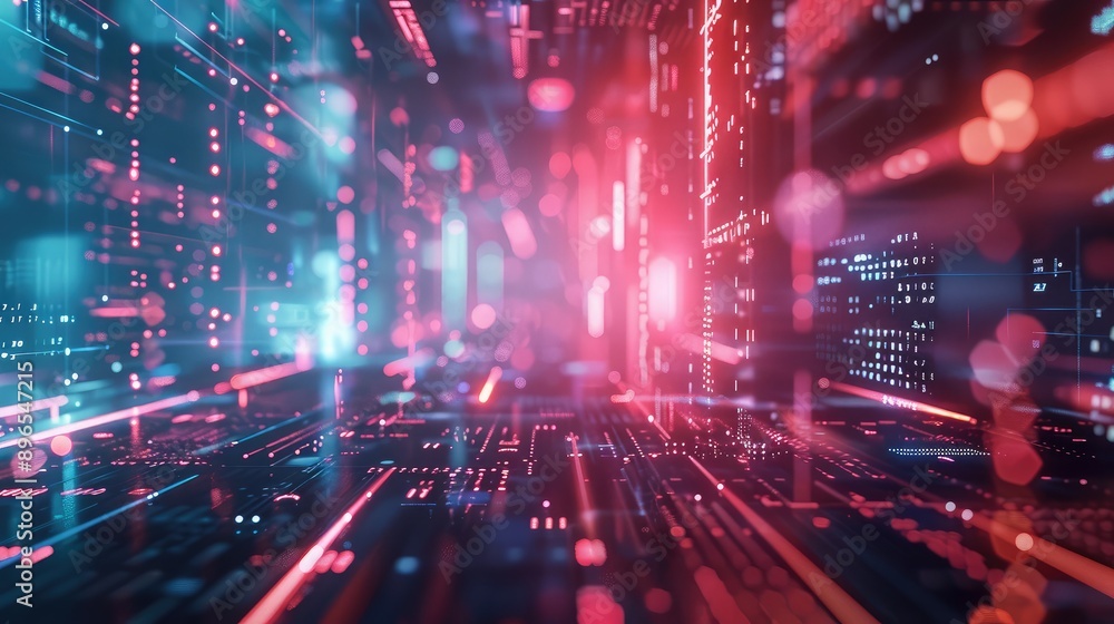 Poster a high-tech background with virtual reality elements and glowing lines.