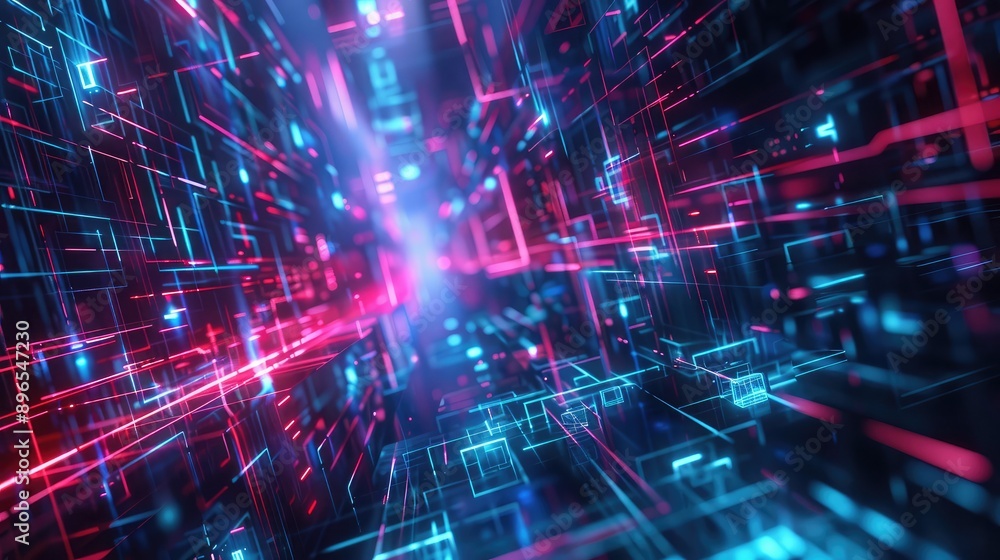 Poster a high-tech background with virtual reality elements and glowing lines.