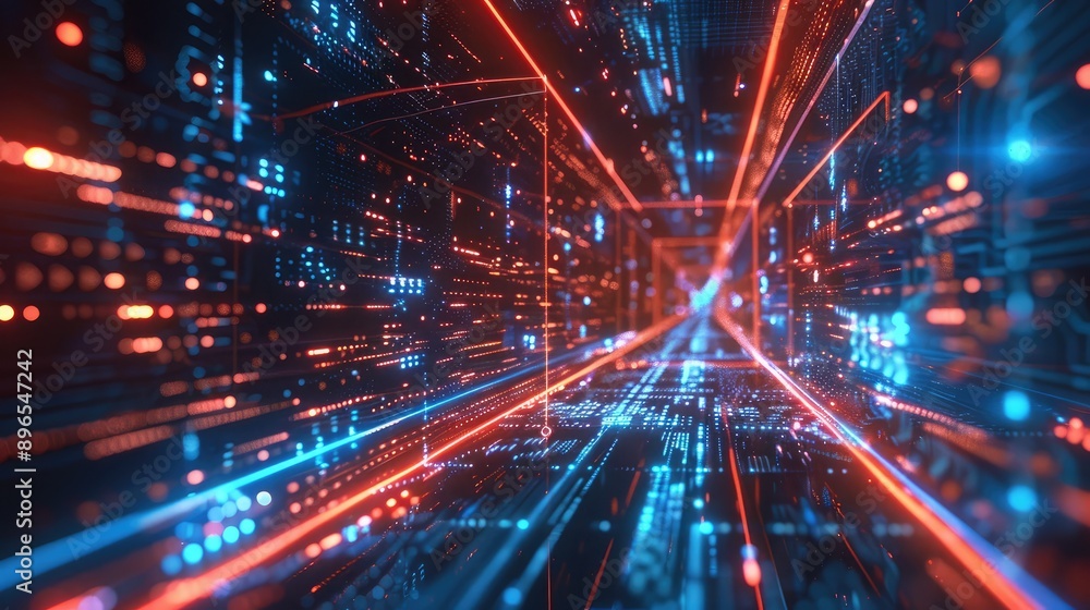 Poster a high-tech background with virtual reality elements and glowing lines.