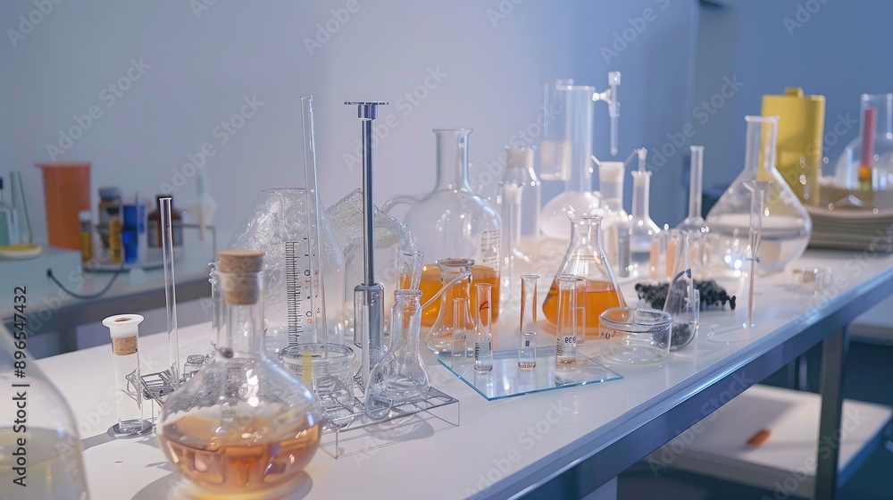 Poster a lab setup with various test tubes, beakers, and scientific instruments on a clean counter.