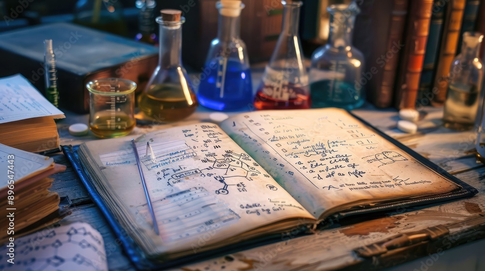 Poster a lab notebook open to pages filled with scientific observations and notes