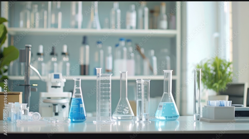 Poster a lab setup with various test tubes, beakers, and scientific instruments on a clean counter.