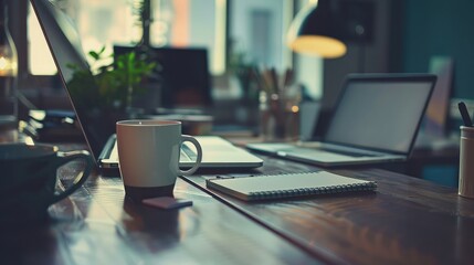 A modern office desk setup with a laptop, a cup of coffee, and an open notebook.