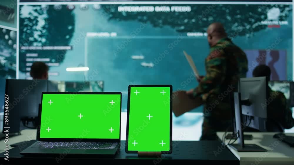 Aufkleber laptop with green screen display running in military base of operations control tower, space used fo