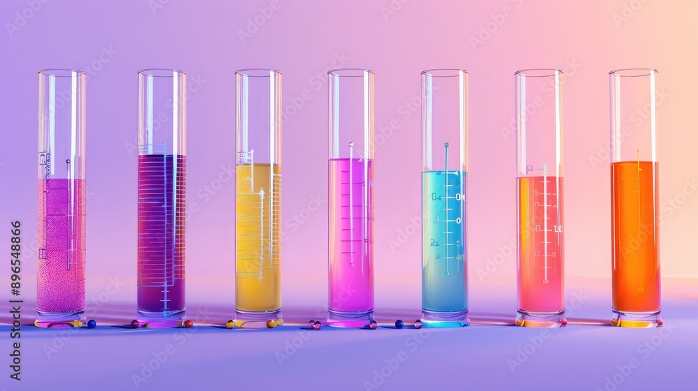 Poster a set of graduated cylinders with different measurements and colorful liquids.