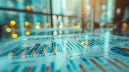 set of financial charts and graphs printed on paper, spread out on a glass table.
