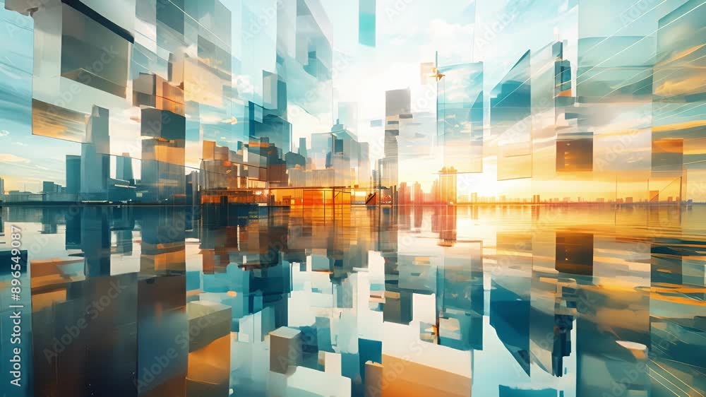 Poster the reflection of a cityscape on a calm bay transforms into a mosaic of abstract shapes and angles.