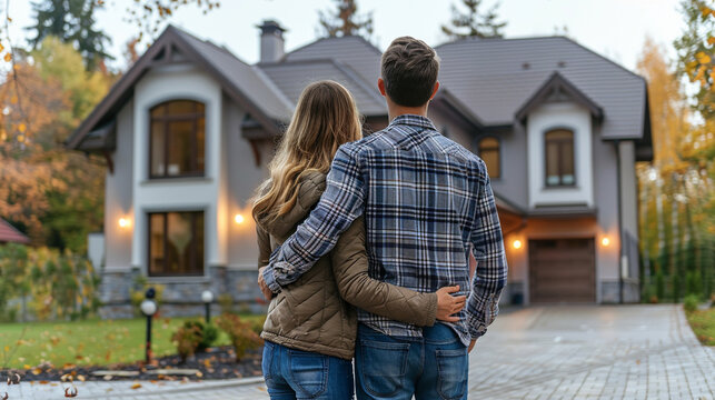 couple stands together, arms around each other, in front of their new home. The image captures a moment of happiness and fulfillment, symbolizing new beginnings, partnership, and shared dreams