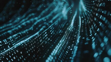 Abstract waves of binary code flowing through a dark, futuristic background.