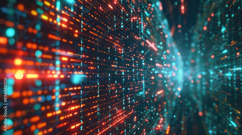 Poster an abstract background with a digital matrix of glowing lines and data symbols.