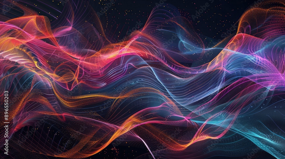 Poster an abstract background with swirling data lines and digital particles.