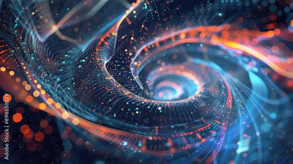 Poster an abstract background with swirling data lines and digital particles.