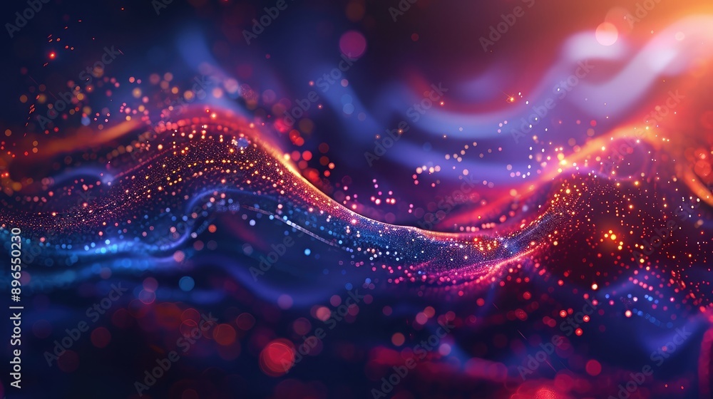 Poster an abstract background with swirling data lines and digital particles.