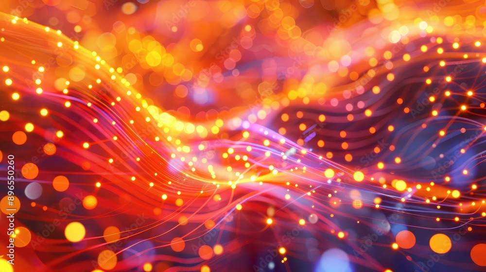 Poster an abstract digital matrix with flowing lines and bright dots.
