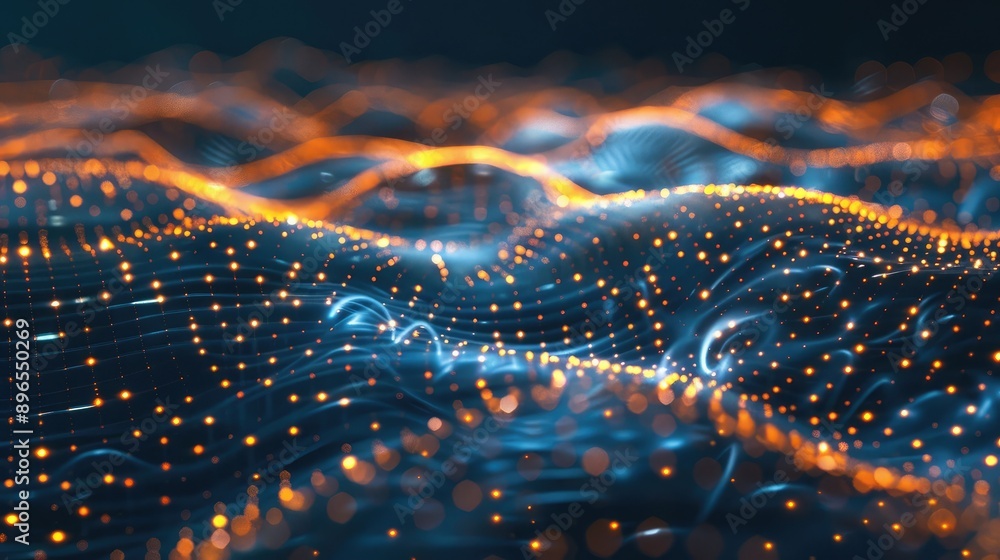 Poster an abstract digital matrix with flowing lines and bright dots.