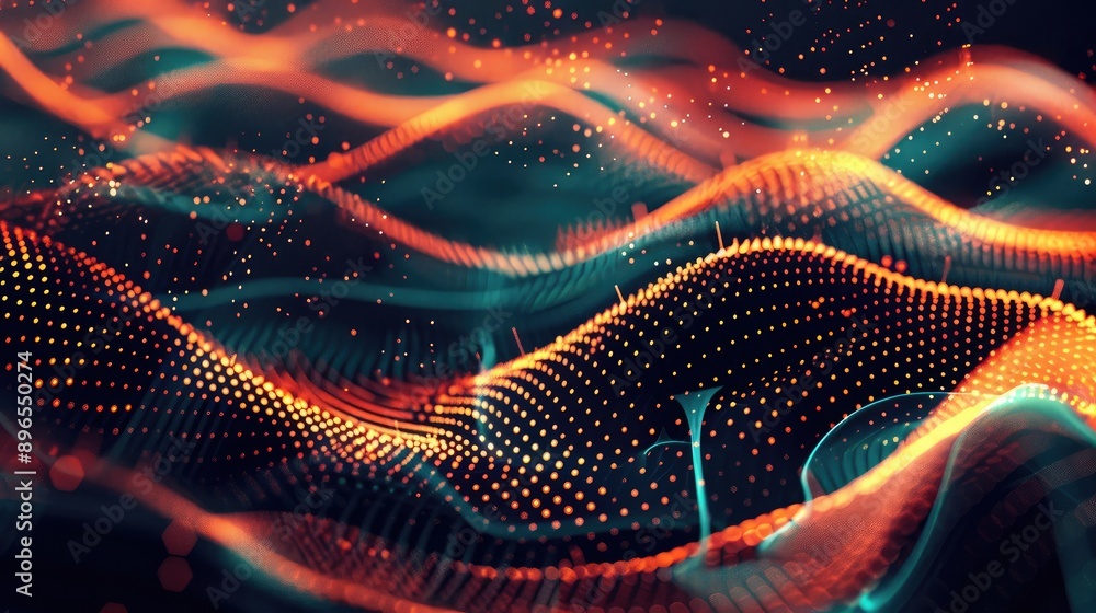 Aufkleber an abstract digital matrix with flowing lines and bright dots.