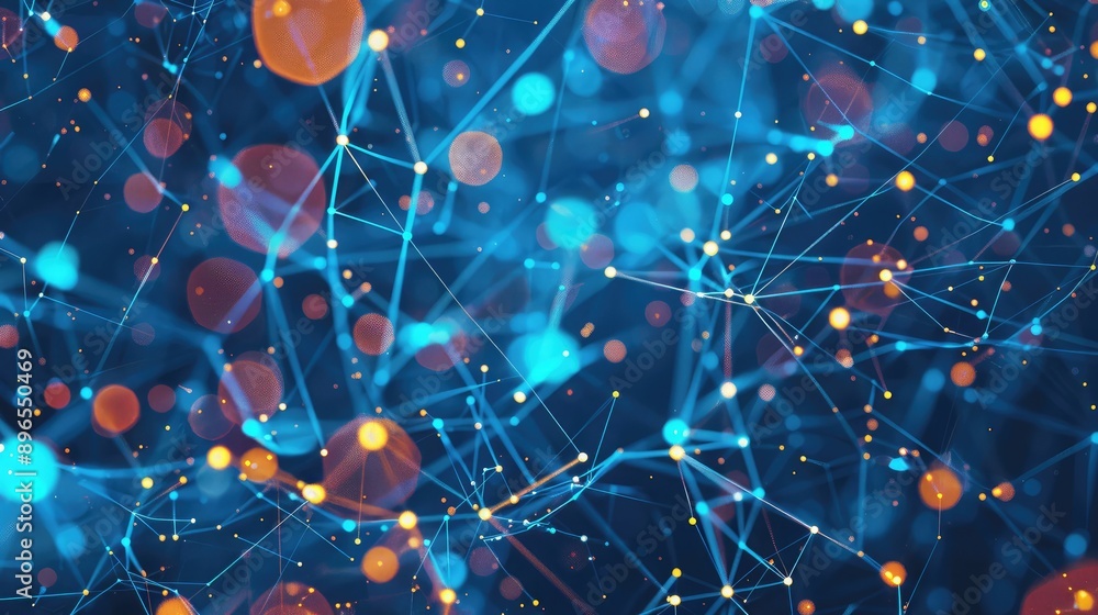 Poster an abstract digital representation of a business network with data points.
