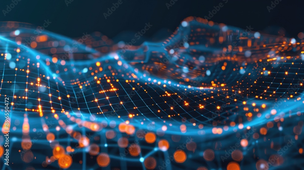 Poster an abstract digital representation of a business network with data points.