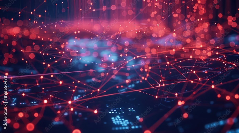 Poster an abstract digital representation of a business network with data points.