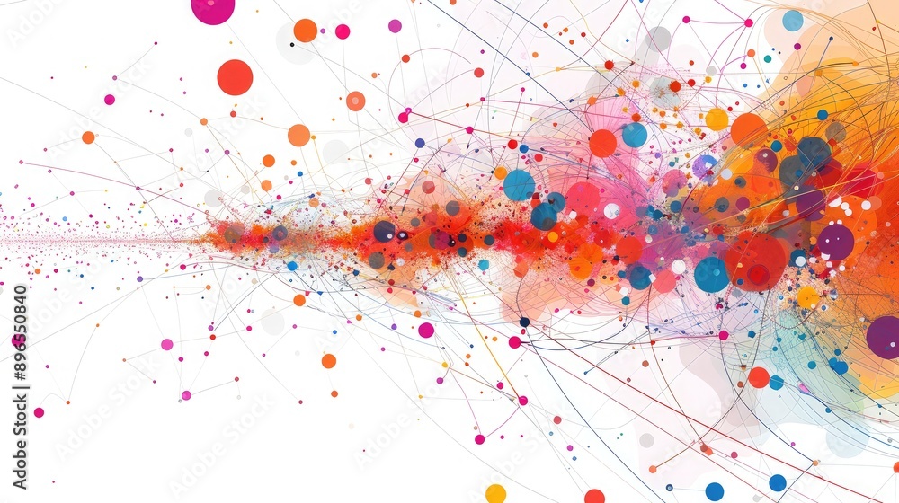 Poster an abstract representation of a communication network with colorful lines and dots.