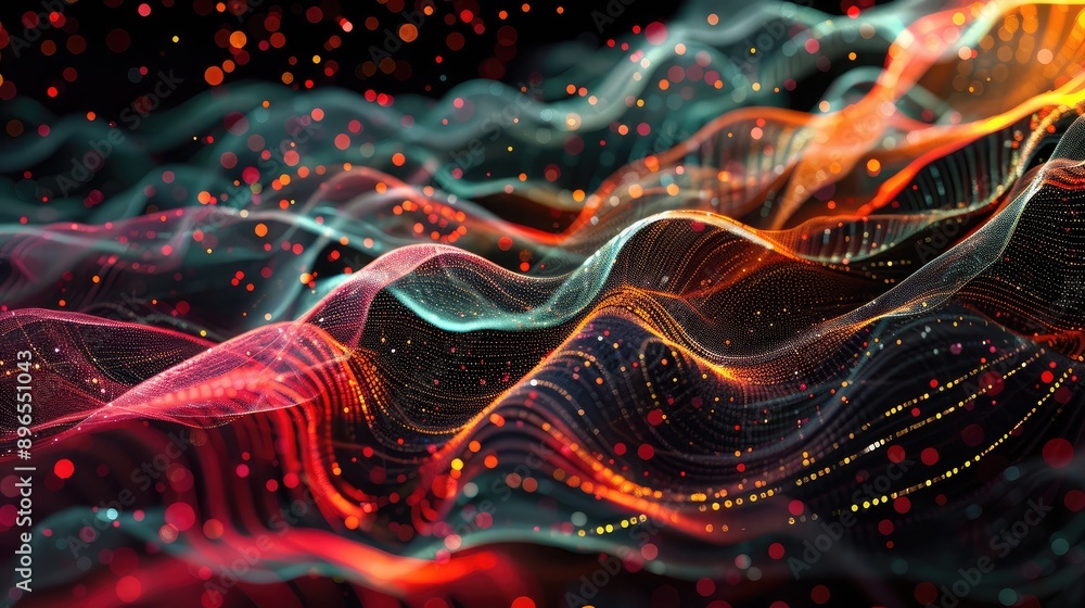 Poster an abstract representation of big data with flowing lines and digital particles.